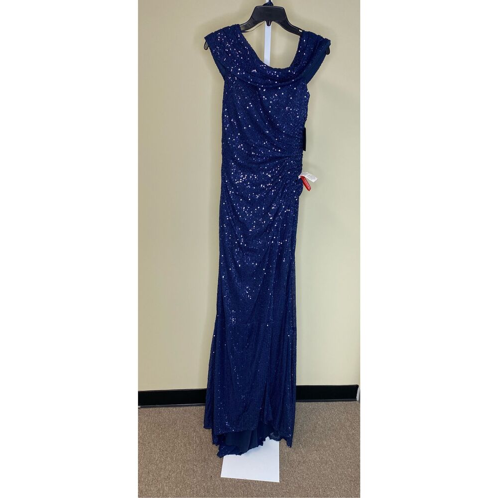 Ieena Mac Duggal NWT One-Shoulder Ruched Sequined Gown in Midnight Size 8 - Picture 5 of 8